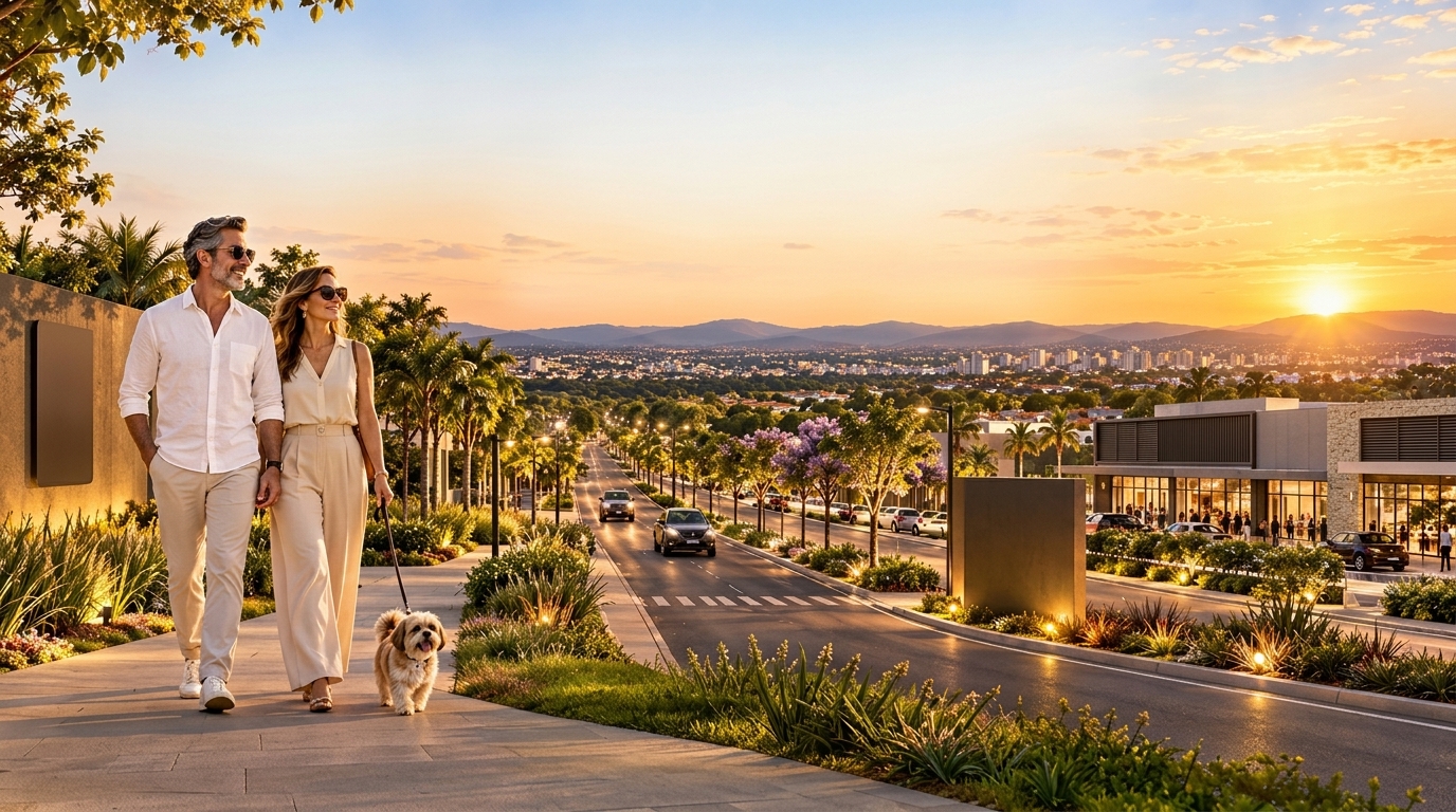 Casal caminhando com cachorro pelo boulevard do Reserva Taraz